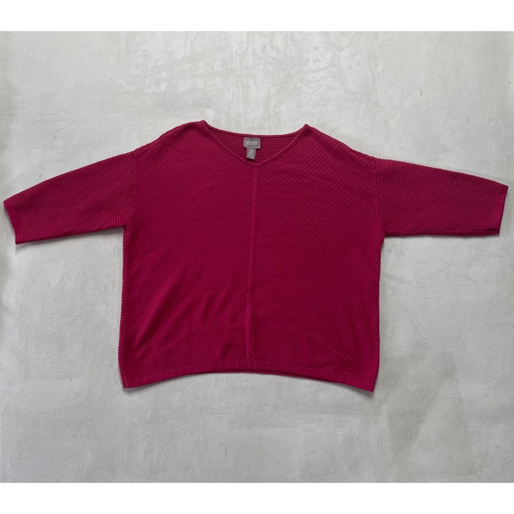 Chicos Pink V-Neck Textured Knit Sweater Boxy Elbow Sleeve Size 2 L Large